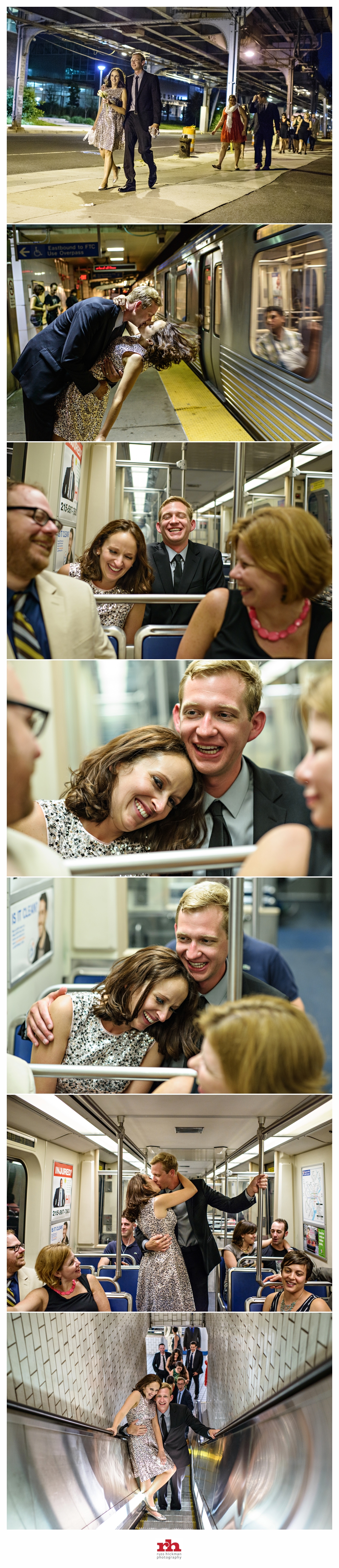 A Wedding Couple ride the El Train back to Hotel Monaco after thier wedding reception at Front & Palmer in Philadelphia, PA.